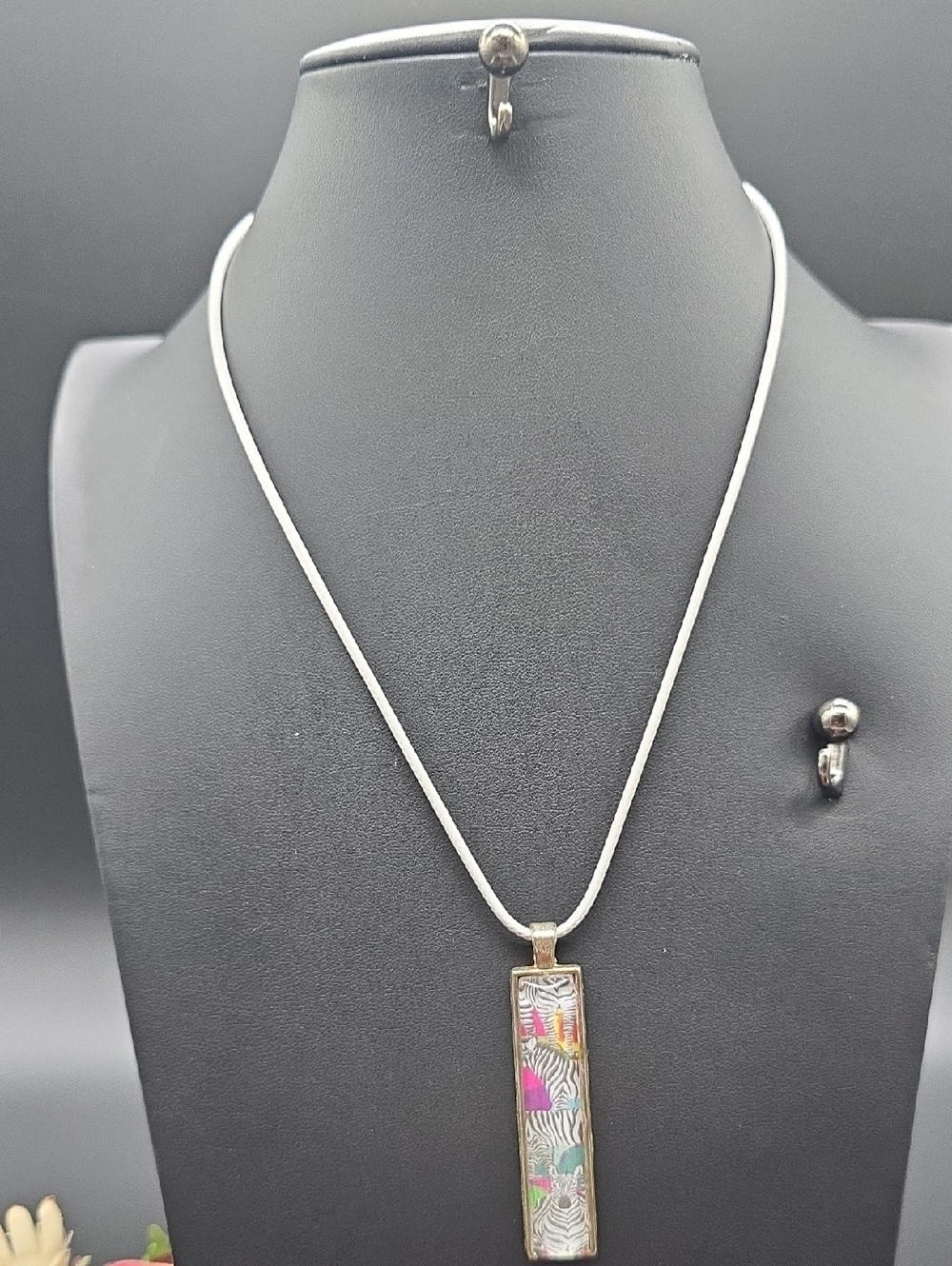 Hand Crafted | Silver Necklace w/Multicolor Rectangle | Glass Pendant - Picture 2 of 4